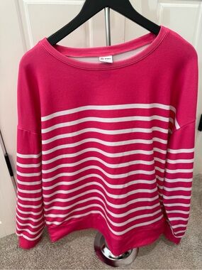 Striped Hot Pink and White Pullover Sweatshirt